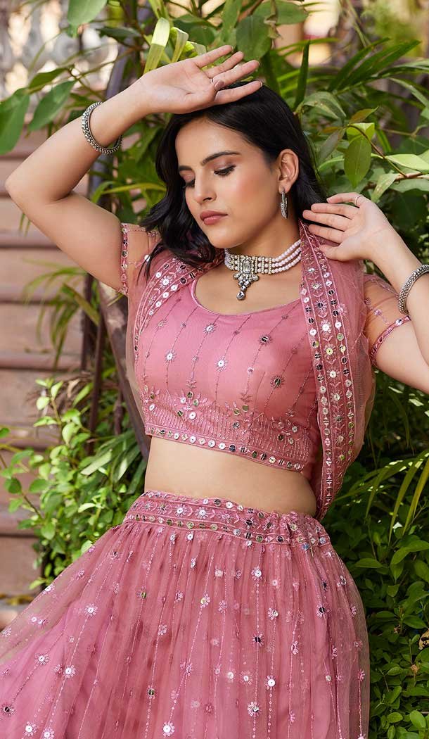 Pink Net Embroidery Work Party Wear Lehenga Choli - 9397187054