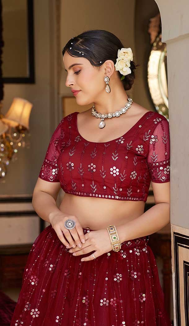 Maroon Net Embroidery Work Party Wear Lehenga Choli - 9397187056