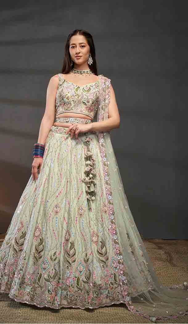 Chiffon Embroidered Designer Wear Lehenga Choli In Pista Green - 143458144
