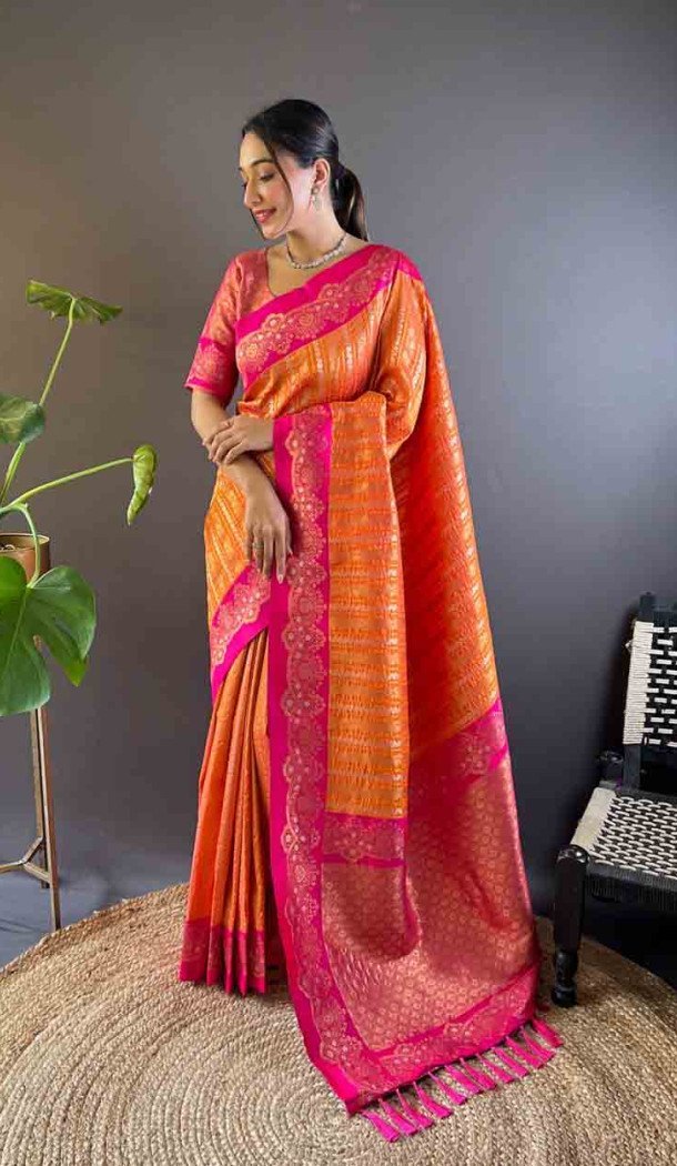Orange Soft Silk Zari Weaving Work Traditional Wear Saree - 144979123
