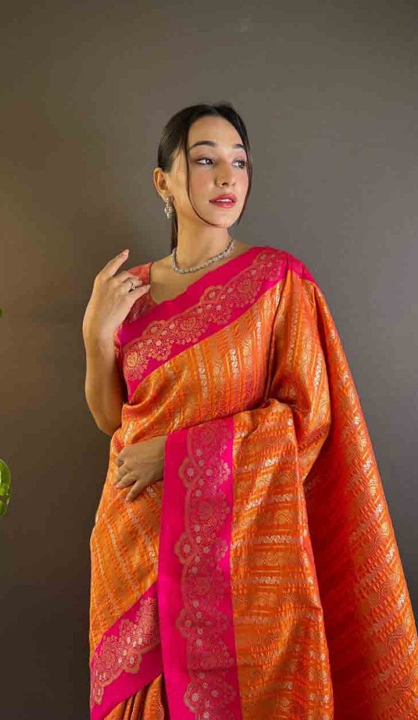 Orange Soft Silk Zari Weaving Work Traditional Wear Saree - 144979123