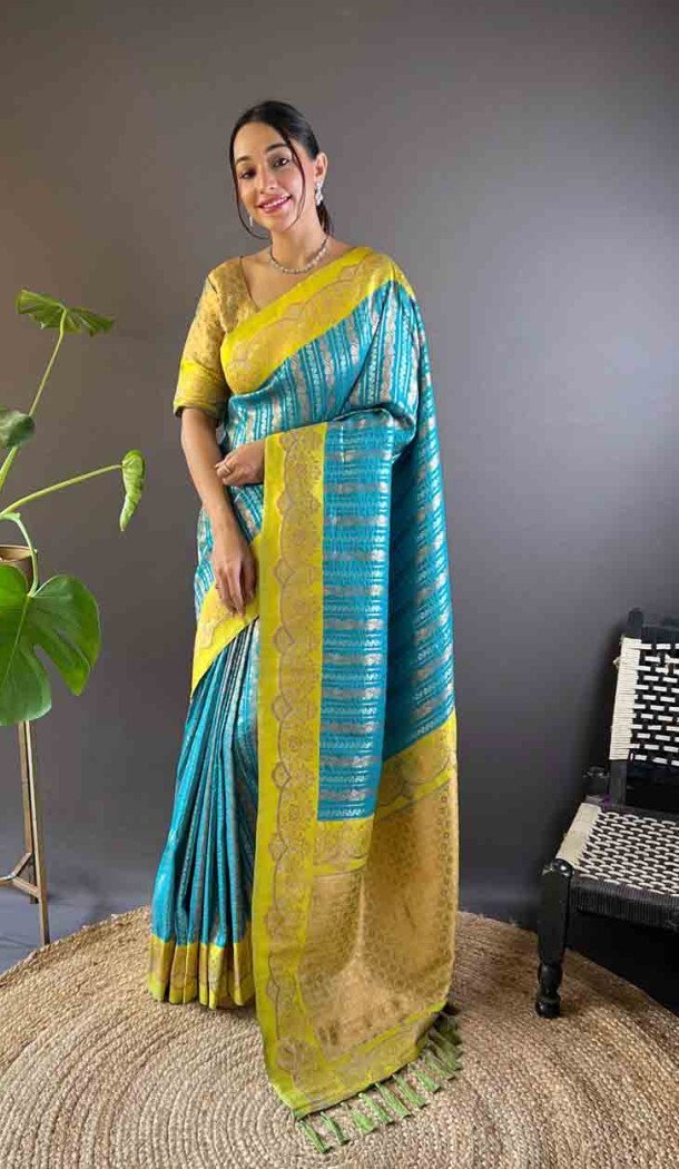 Firozi Soft Silk Zari Weaving Work Traditional Wear Saree - 144979125