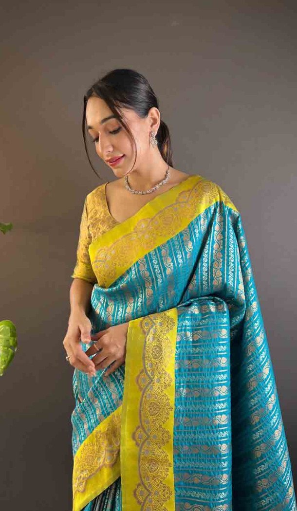 Firozi Soft Silk Zari Weaving Work Traditional Wear Saree - 144979125