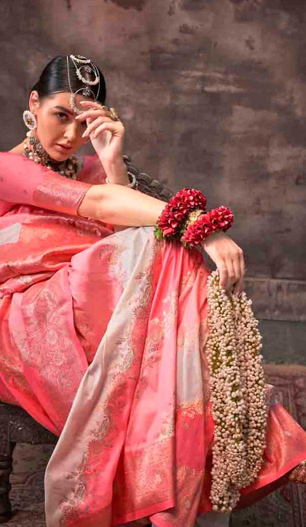 Peach Rangkat Silk Weaving Work Traditional Party Wear Saree - 145499427