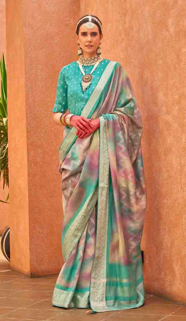 Silk Printed Party Wear Designer Saree In Sea Green - 146009713