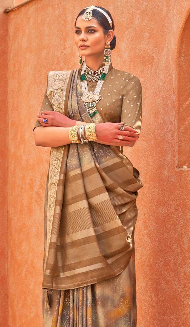 Silk Printed Party Wear Designer Saree In Beige - 146009716