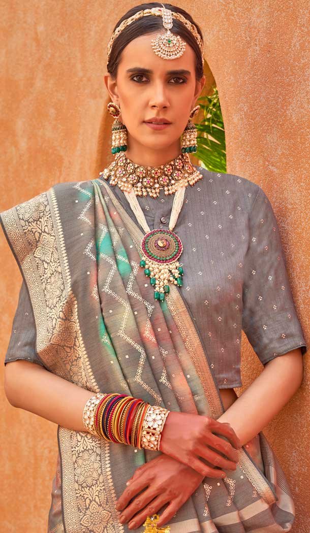 Silk Printed Party Wear Designer Saree In Grey - 146009717