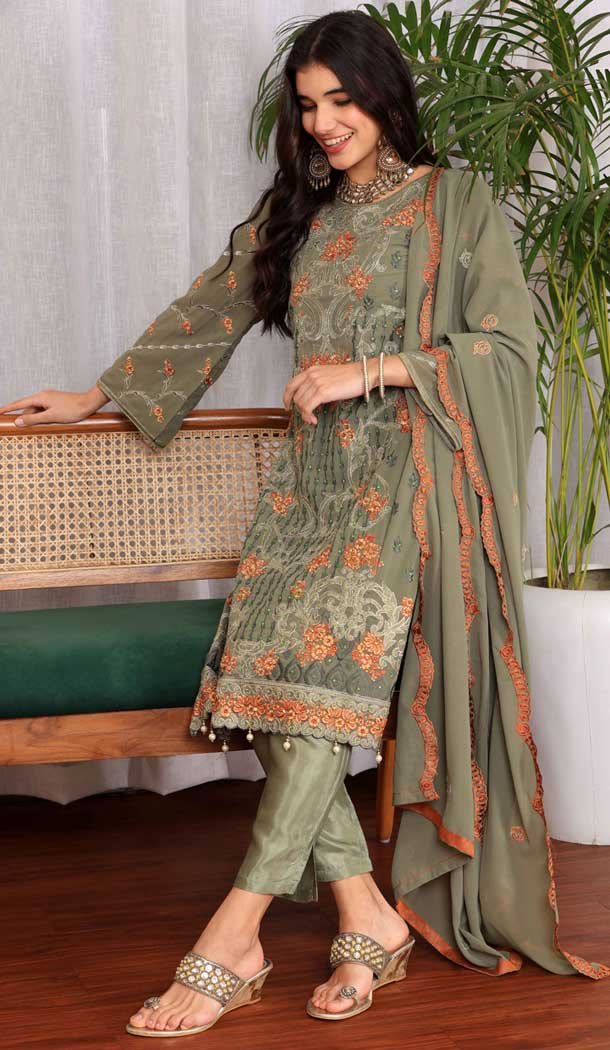 Green Georgette Embroidered Party Wear Salwar Suit - 9414187148