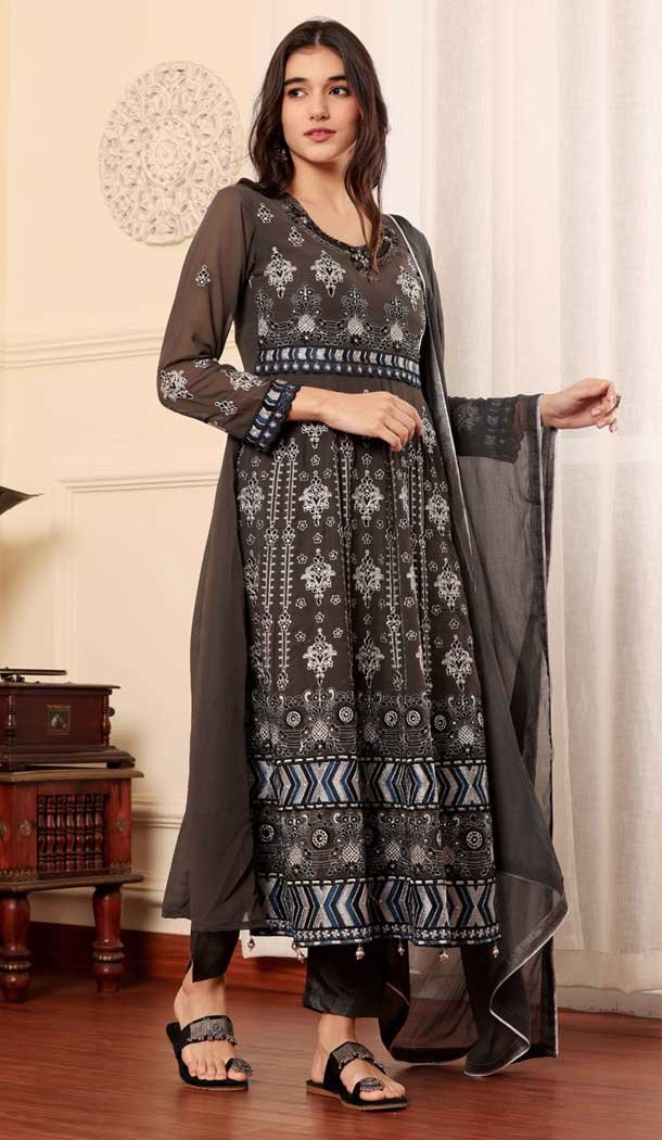 Georgette Embroidered Party Wear Salwar Suit In Brown - 9414187150