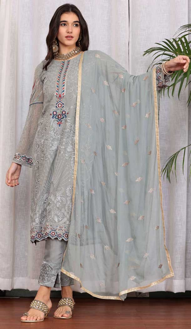Georgette Embroidered Party Wear Salwar Suit In Grey - 9414187151
