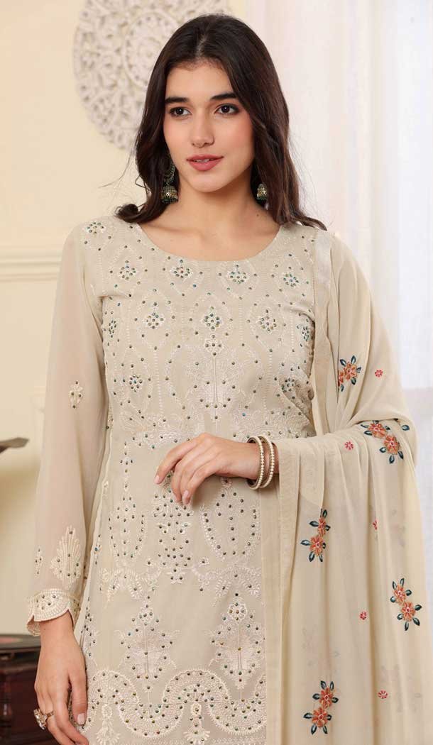 Georgette Embroidered Party Wear Salwar Suit In Beige - 9414187152