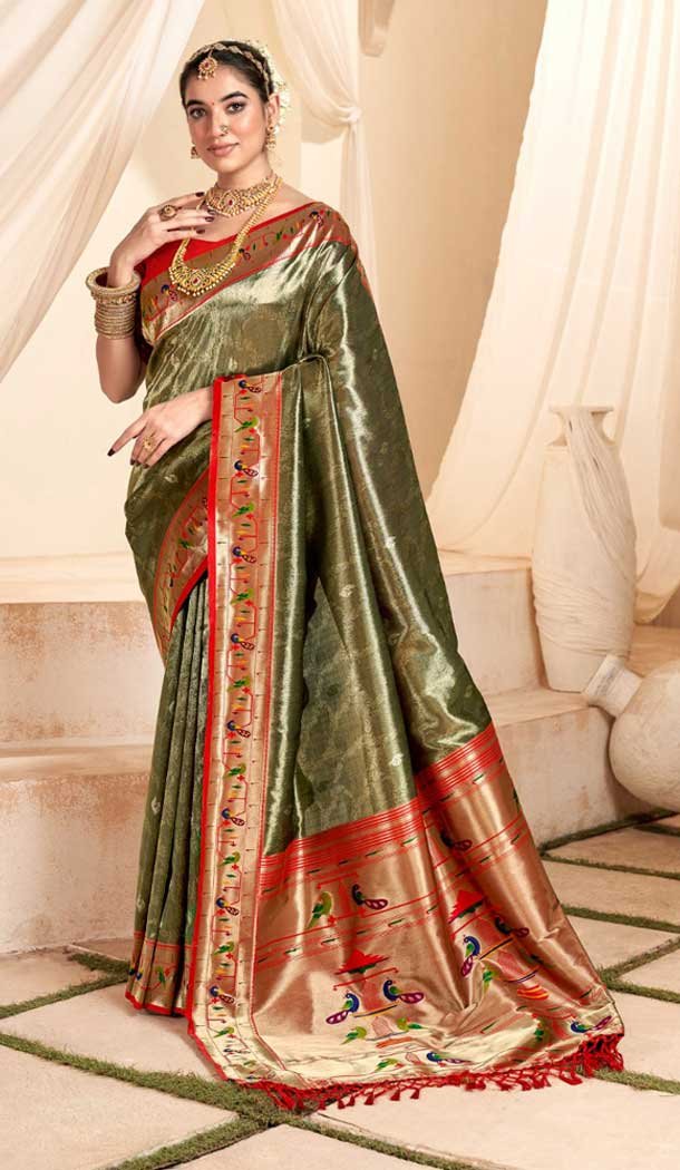 Green Tissue Silk Gold Zari Work Traditional Designer Wear Saree - 9425187199
