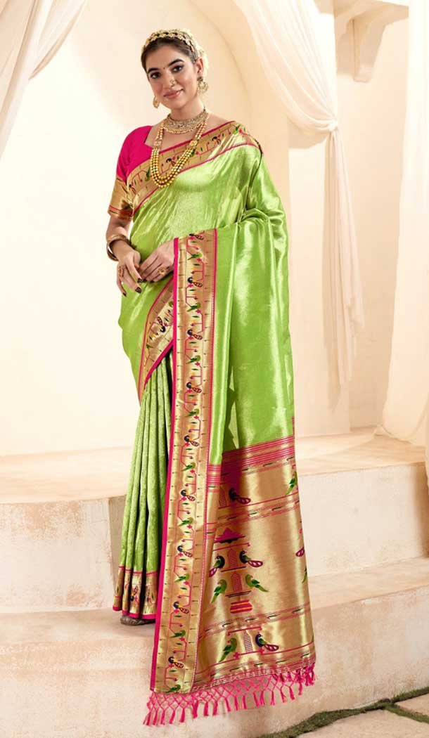 Light Green Tissue Silk Gold Zari Work Traditional Designer Wear Saree - 9425187200