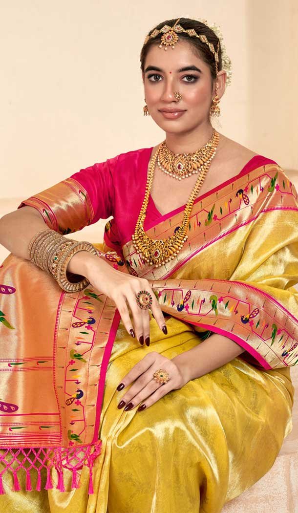 Yellow Tissue Silk Gold Zari Work Traditional Designer Wear Saree - 9425187203