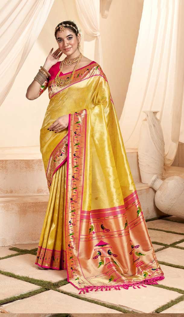 Yellow Tissue Silk Gold Zari Work Traditional Designer Wear Saree - 9425187203