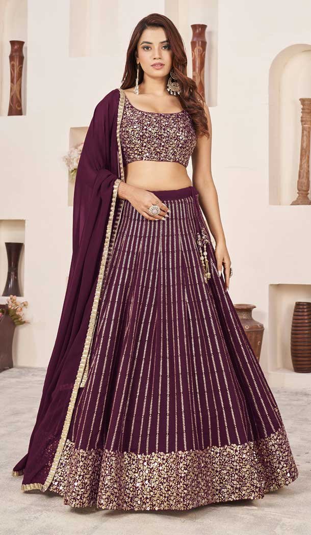 Georgette Embroidery Work Party Wear Lehenga Choli In Wine - 9426187209