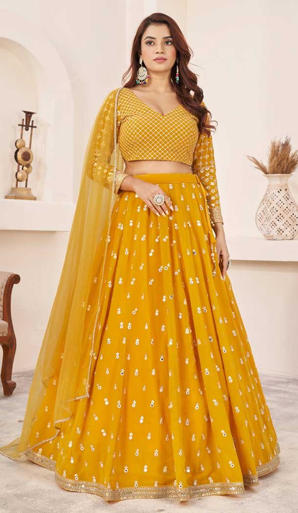 Georgette Embroidery Work Party Wear Lehenga Choli In Yellow - 9426187210