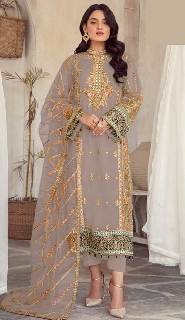 Grey Organza Embroidered Pakistani Style Salwar Kameez - 9427187213
