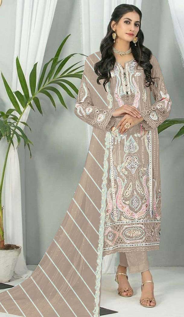 Fox Georgette Embroidered Pakistani Style Salwar Suit In Brown - 9429187225