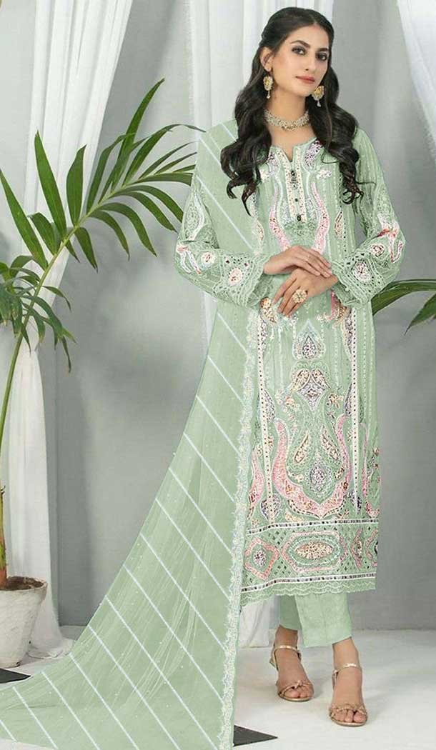 Fox Georgette Embroidered Pakistani Style Salwar Suit In Pista Green - 9429187227