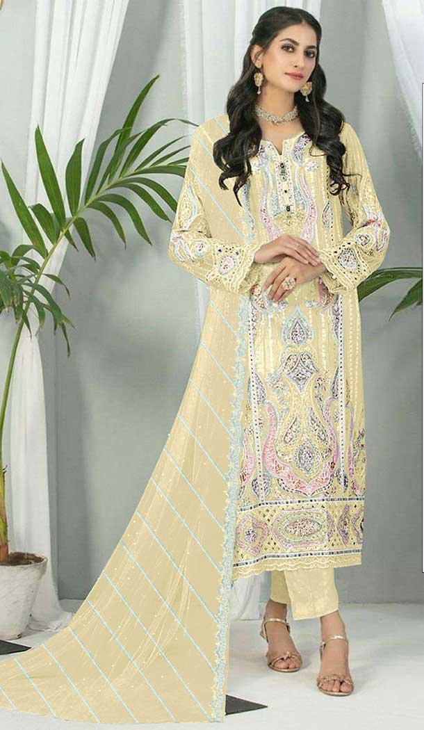 Fox Georgette Embroidered Pakistani Style Salwar Suit In Light Yellow - 9429187229