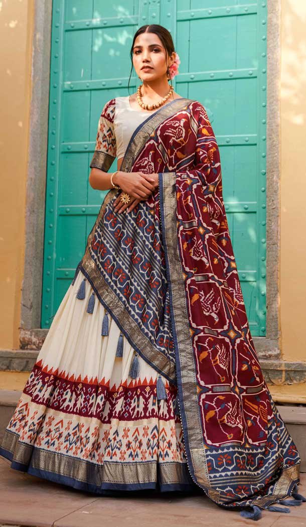 Maroon And White Tussar Silk Foil Print Work Navratri Chaniya Choli -9457187355