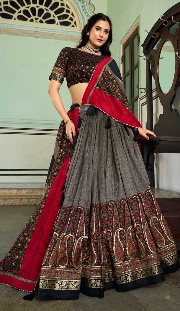 Tussar Silk Foil Print Work Navratri Chaniya Choli In Grey - 9489187544