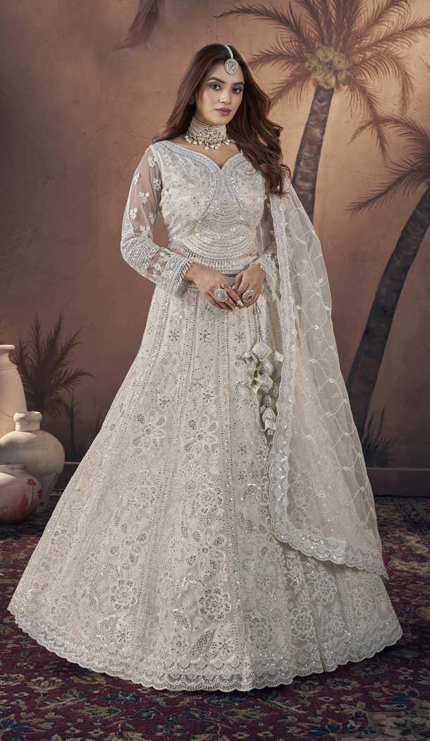 Off White Premium Net Sequins Work Wedding Wear Lehenga Choli - 9496187606