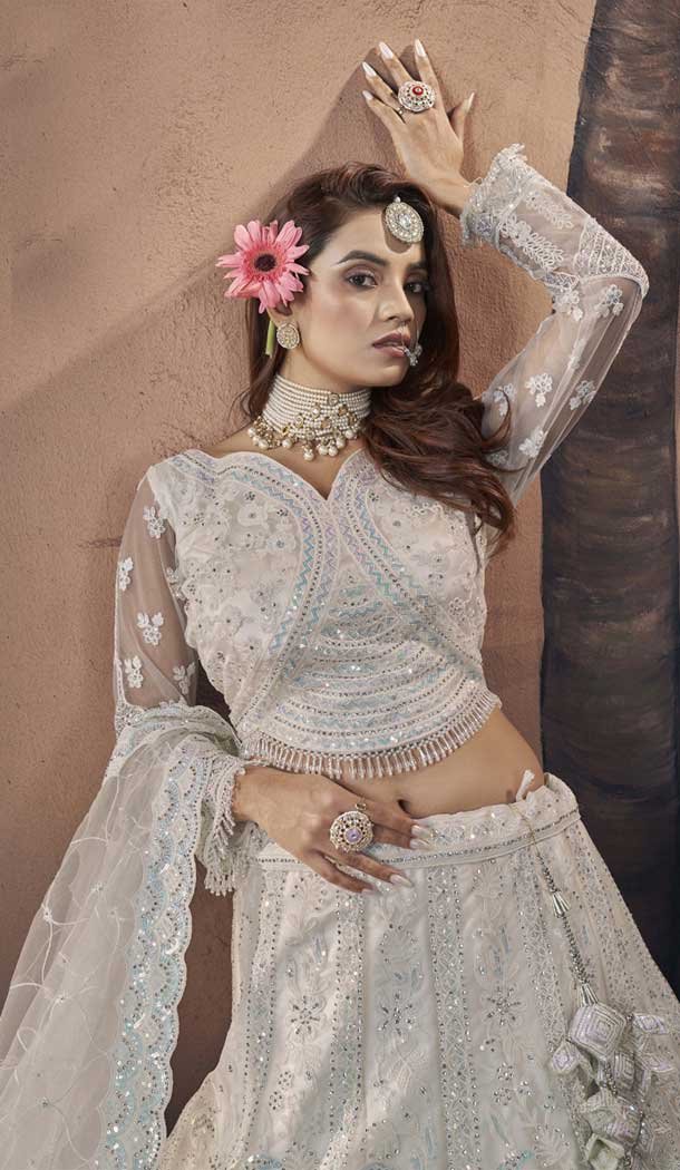 Off White Premium Net Sequins Work Wedding Wear Lehenga Choli - 9496187606