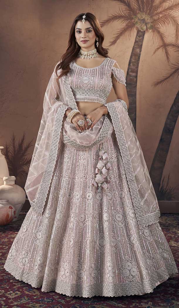 Baby Pink Premium Net Sequins Work Wedding Wear Lehenga Choli - 9496187608