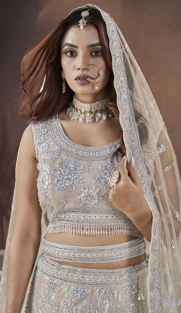 Premium Net Sequins Work Wedding Wear Lehenga Choli Off White - 9496187609