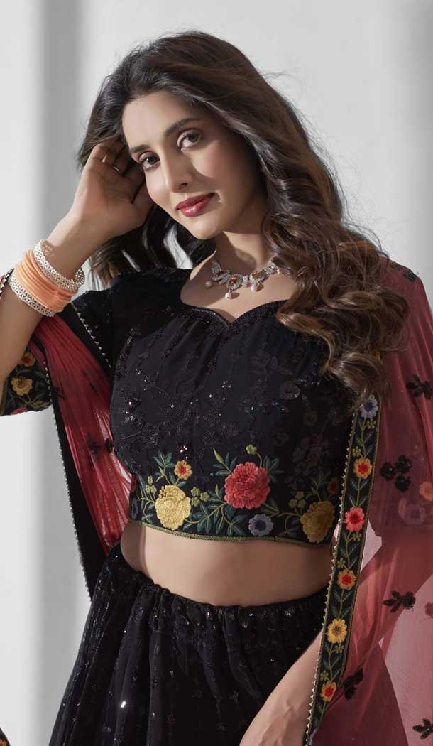 Black Georgette Embroidery Work Designer Wear Lehenga Choli  - 9498187613
