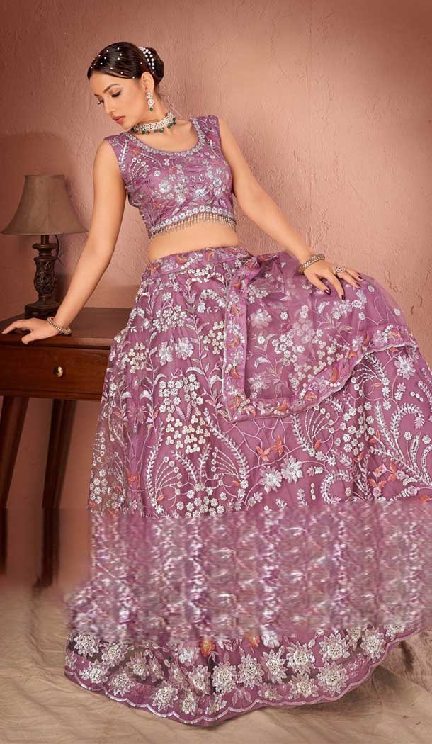 Net Sequins Work Readymade Lehenga Choli In Lavender - 9502187629