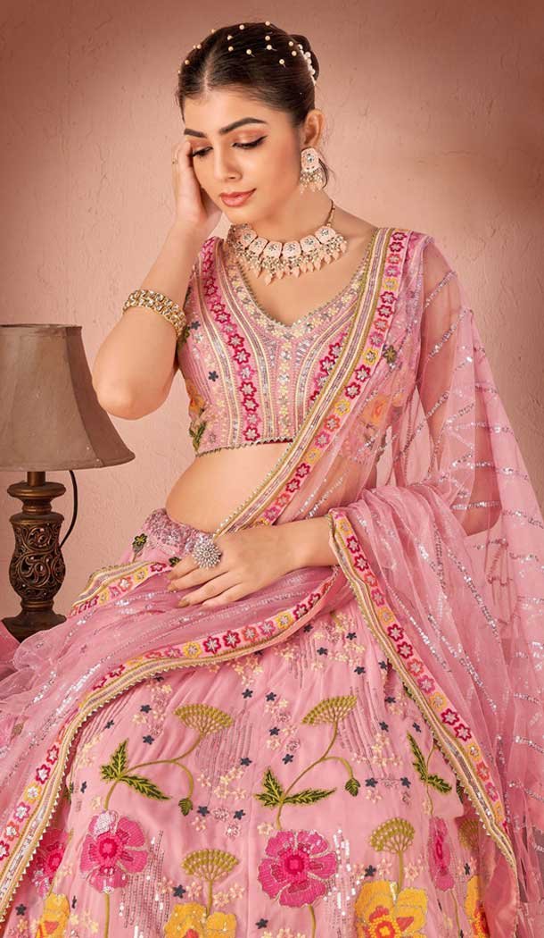 Georgette Sequins Work Readymade Lehenga Choli In Pink - 9502187630