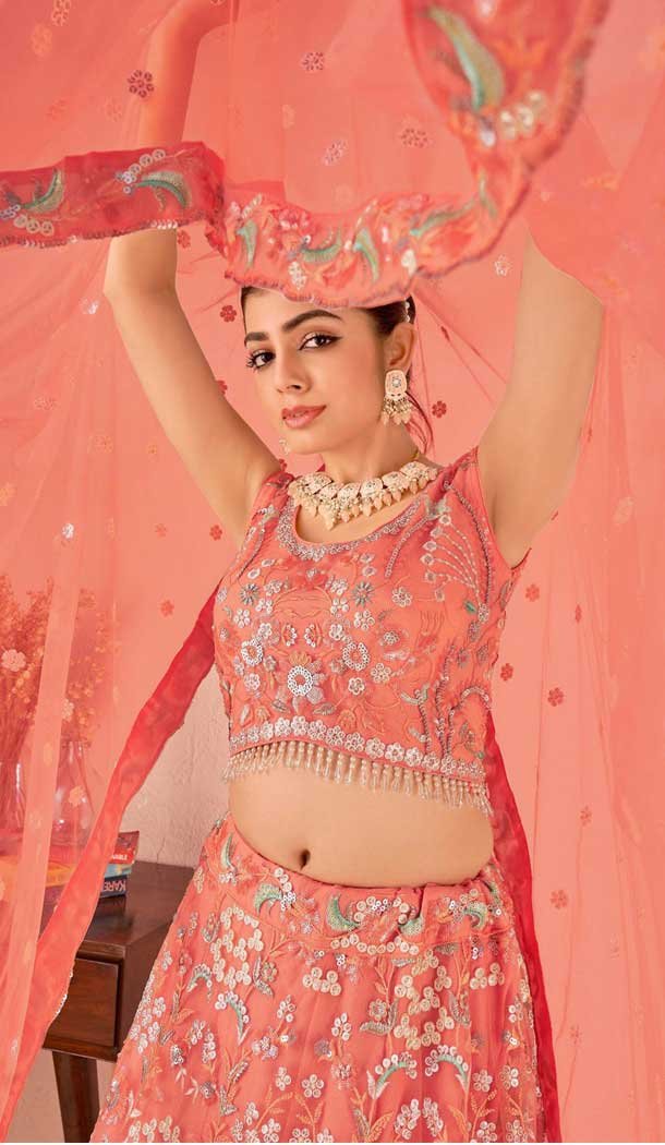 Net Sequins Work Readymade Lehenga Choli In Dusty Peach - 9502187631