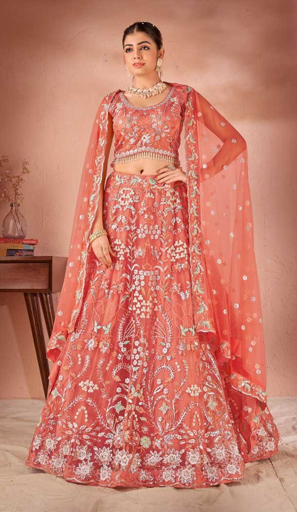 Net Sequins Work Readymade Lehenga Choli In Dusty Peach - 9502187631