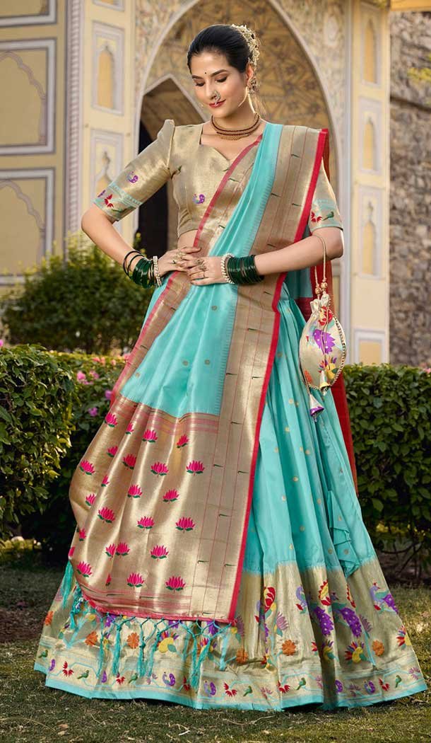 Sky Blue Jacquard Silk Zari Work Traditional Wear Lehenga Choli - 9503187634