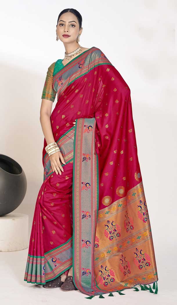 Paithani Silk Weaving Work Traditional Festival Wear Saree In Rani Pink - 9504187636