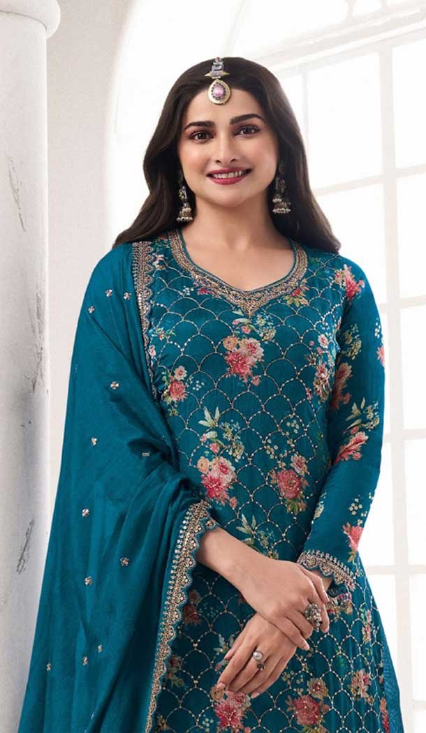 Aqua Blue Chinon Embroidery Work Prachi Desai Sharara Suit -9510187690