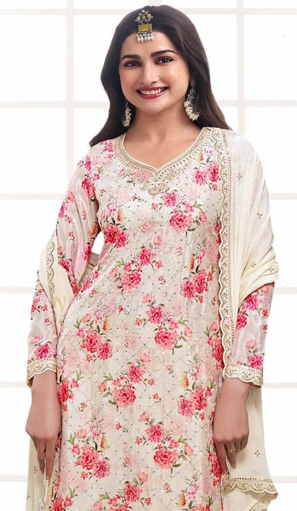Cream Chinon Embroidery Work Prachi Desai Sharara Suit -9510187693