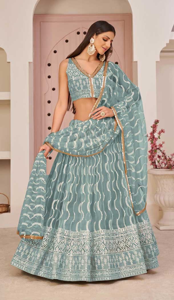Butterfly Net Embroidered Party Wear Lehenga Choli In Ocean Blue - 9535187905