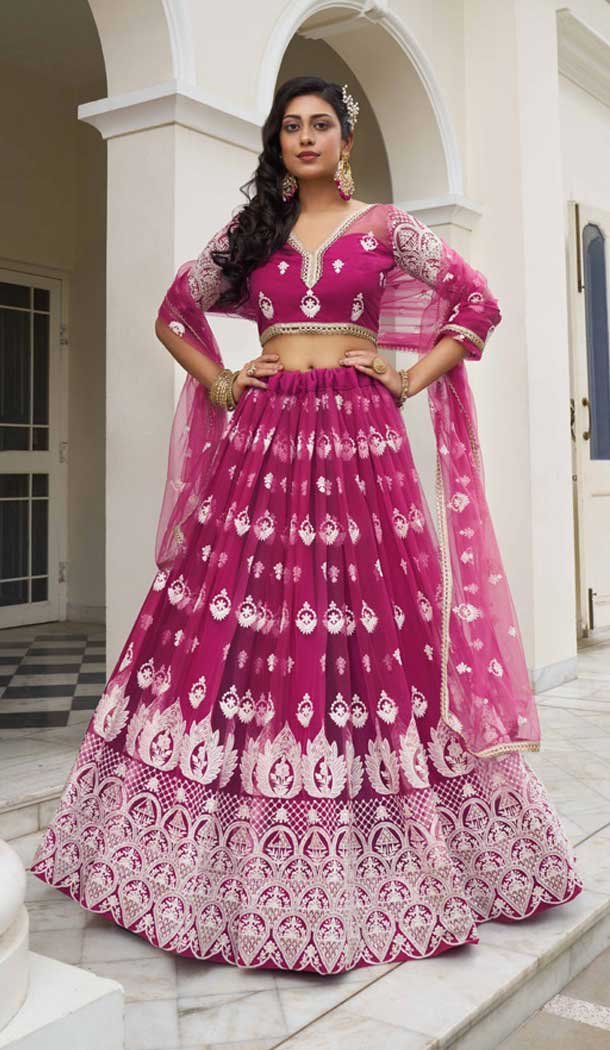 Dark Pink Butterfly Net Embroidery Work Lehenga Choli - 9536187909