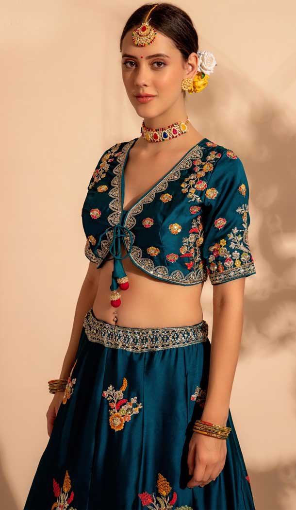 Georgette Sequins Work Readymade Lehenga Choli In Rama Green - 9537187914