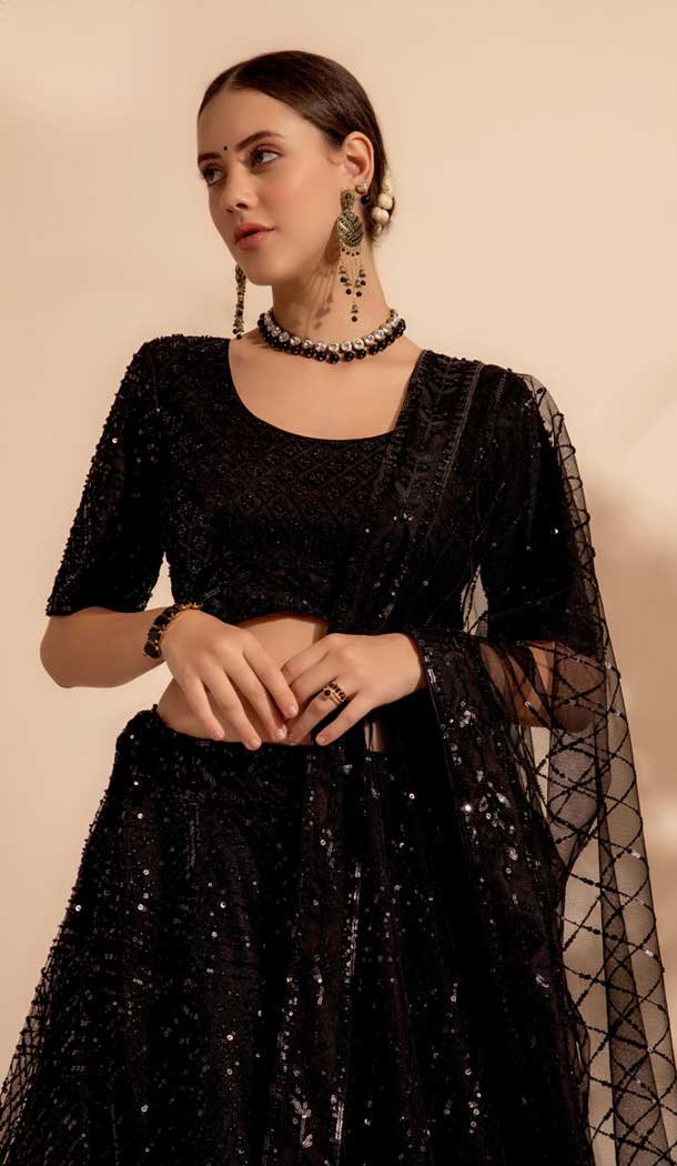 Net Sequins Work Readymade Lehenga Choli In Black - 9537187916