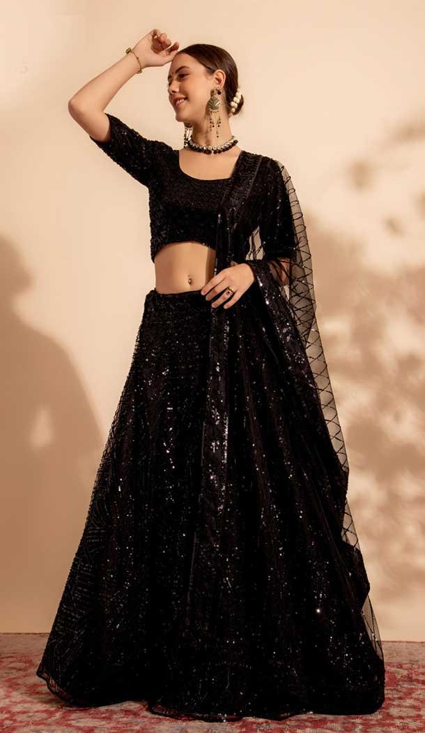 Net Sequins Work Readymade Lehenga Choli In Black - 9537187916