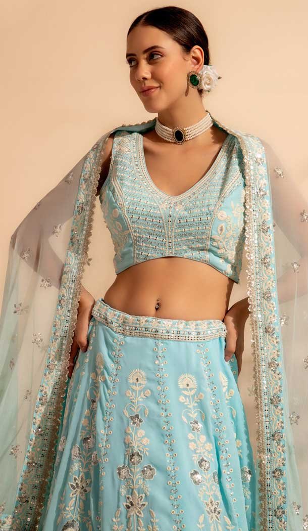 Georgette Sequins Work Readymade Lehenga Choli In Sky Blue - 9537187917
