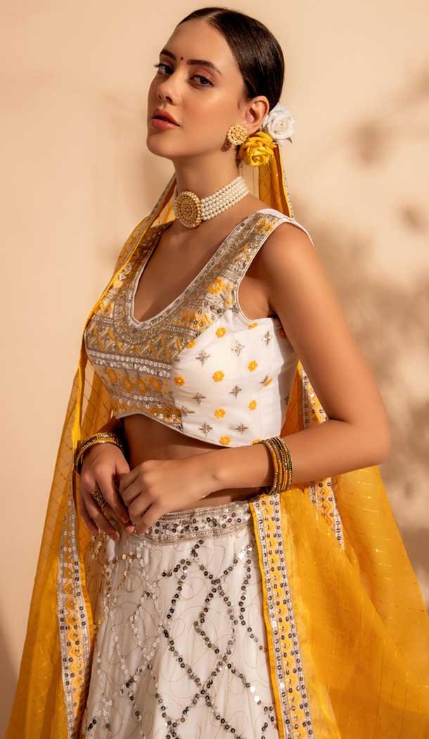 Georgette Sequins Work Readymade Lehenga Choli In Off White - 9537187918