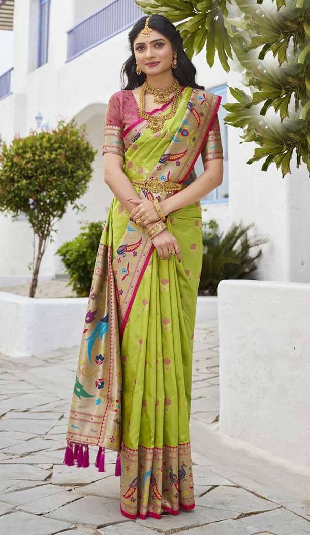 Parrot Green Paithani Silk Jacquard Traditional Wear Saree - 9538187921