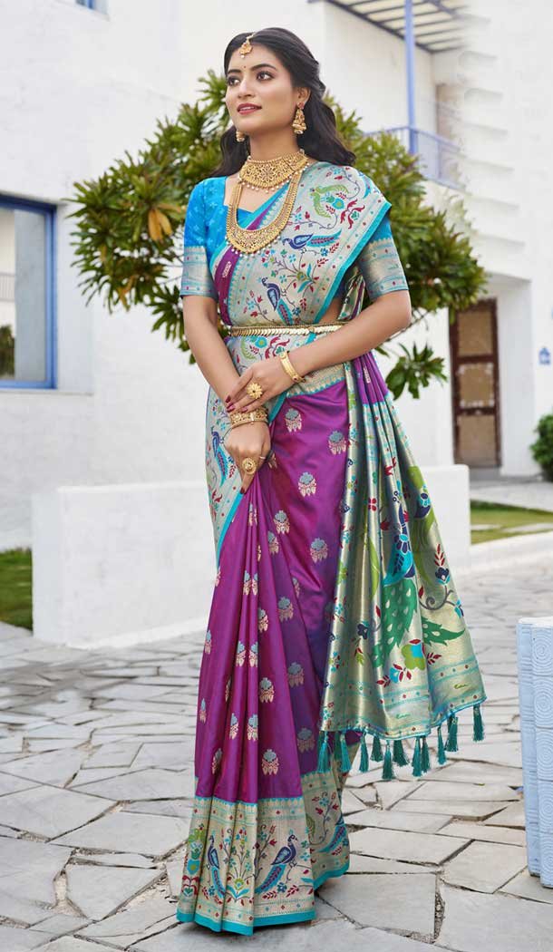 Violet Paithani Silk Jacquard Traditional Wear Saree - 9538187924