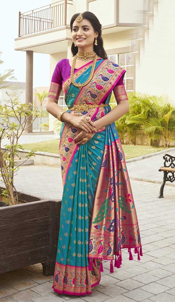 Paithani Silk Jacquard Work Traditional Wear Saree In Sky Green - 9539187928